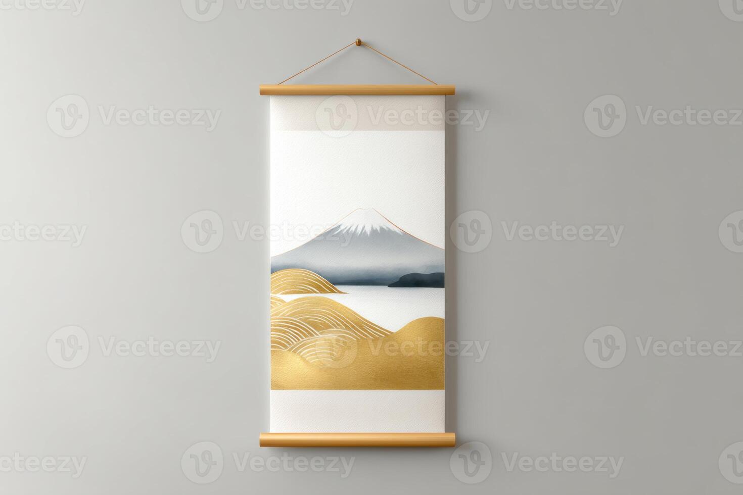 Mountain landscape wall art displaying serene scene with petals under calm sky photo