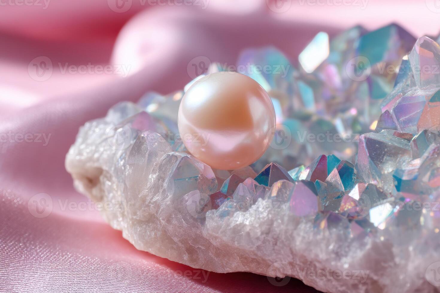 Elegant pearl resting on shimmering crystals with soft pink fabric backdrop photo