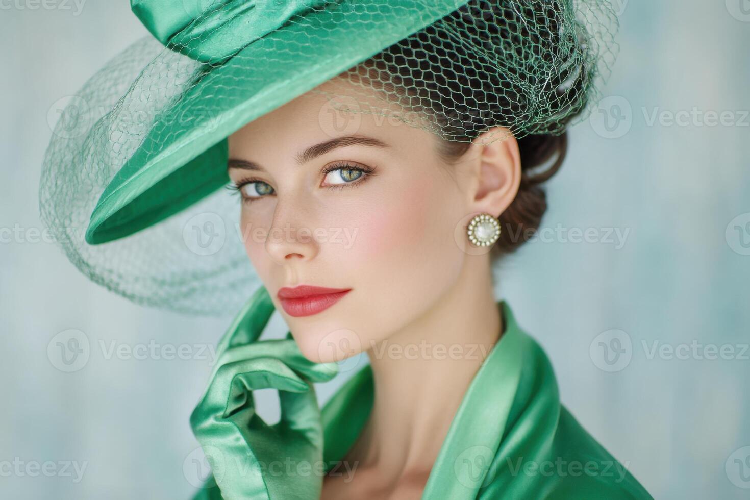 Elegant woman wearing a green hat and satin outfit posing with a charming expression in a soft blue setting photo