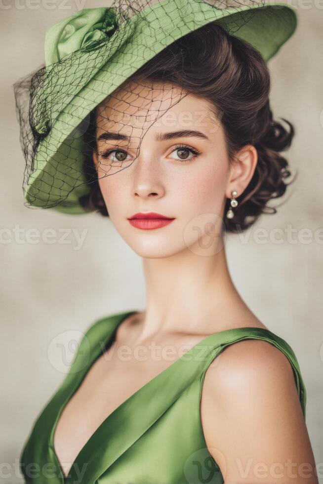Elegance in green dress and hat captured during a fashion photoshoot in a studio setting photo
