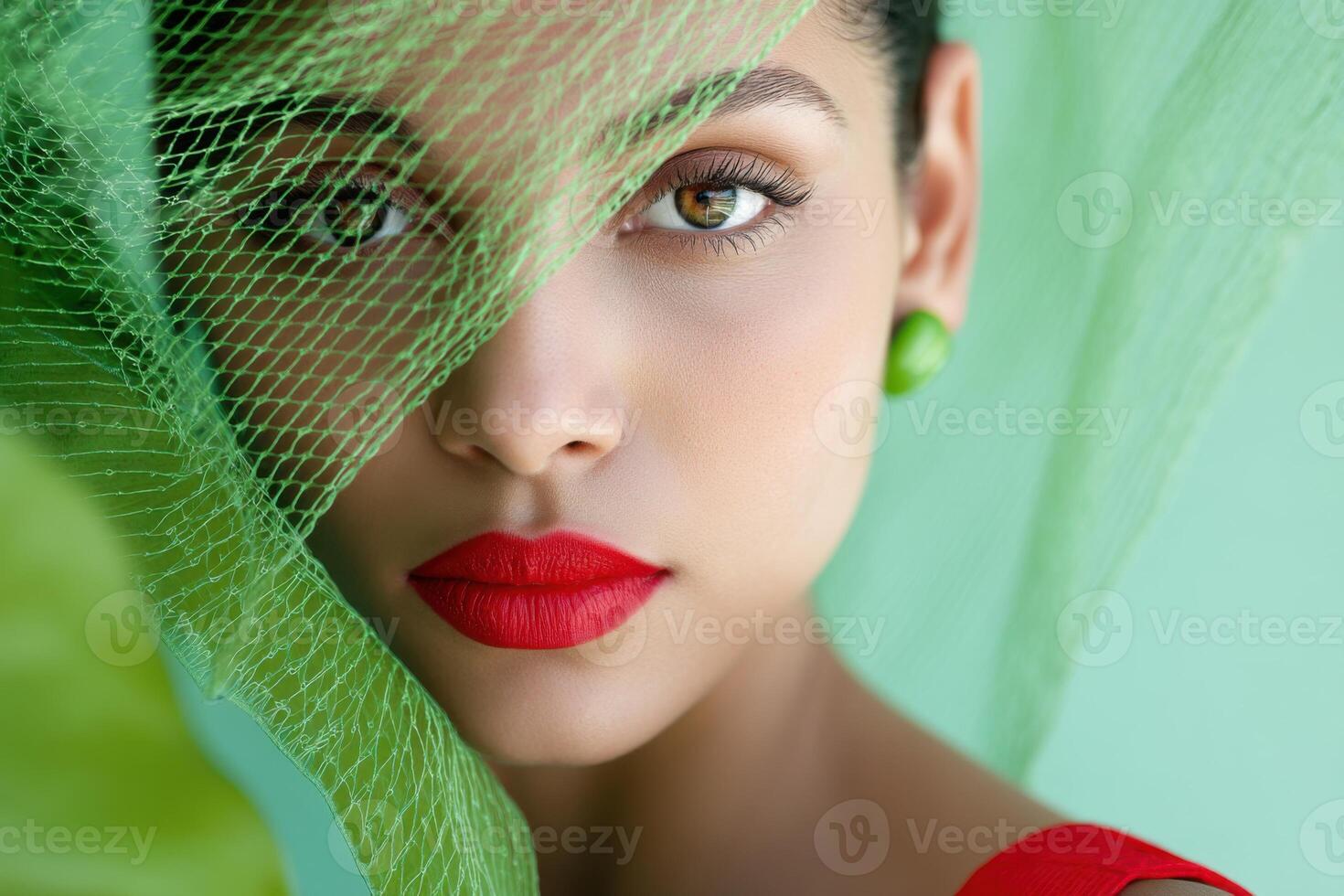 Stunning portrait of a woman with vibrant red lips and green veil in a minimalist setting photo