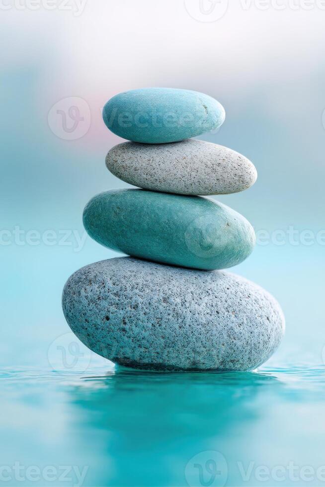 Stacked stones on a tranquil surface create a calming focal point at a serene lakeside at sunset photo
