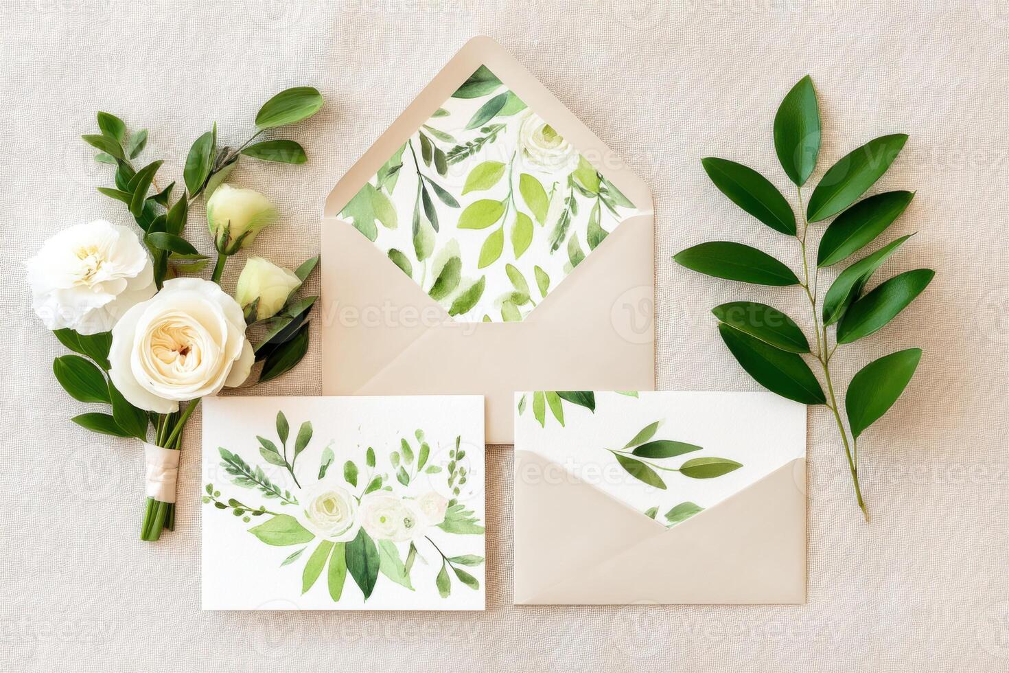 Elegant floral stationery set with delicate designs and bouquet on soft textured surface photo