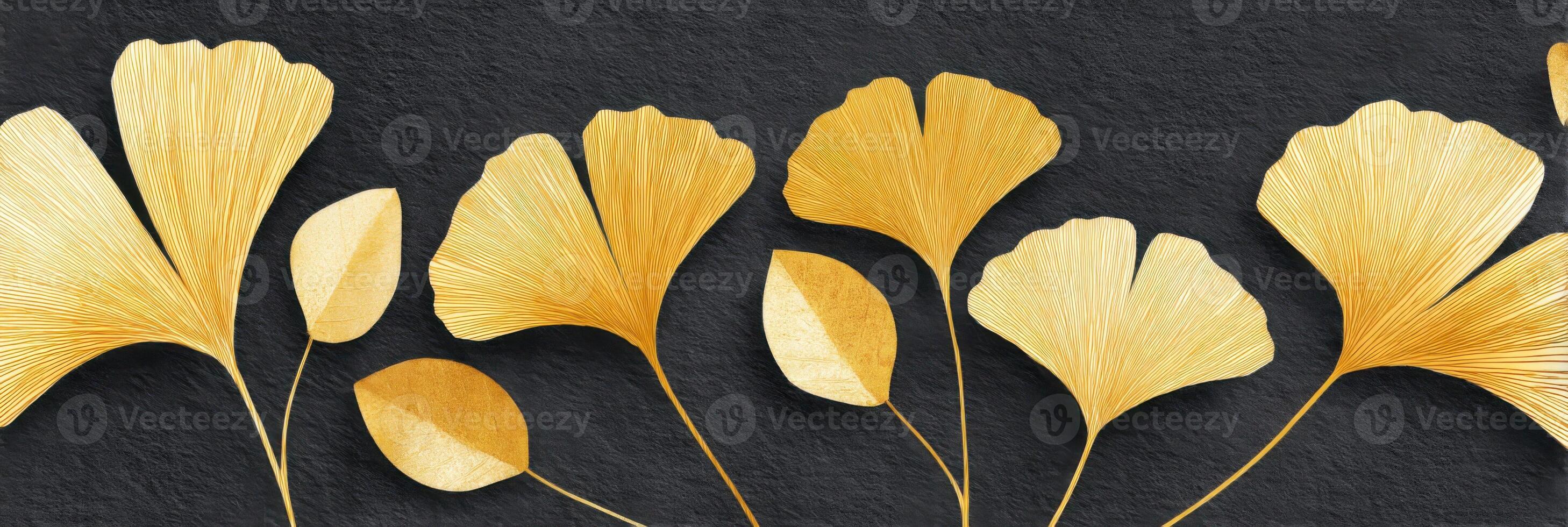 Gold ginkgo leaves create elegant decorative pattern on dark background in artistic design photo