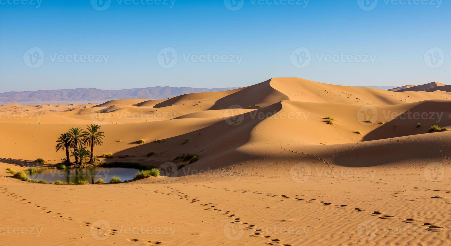 Oasis in the Sahara Desert with Palm Trees and Rippling Sand Dunes photo