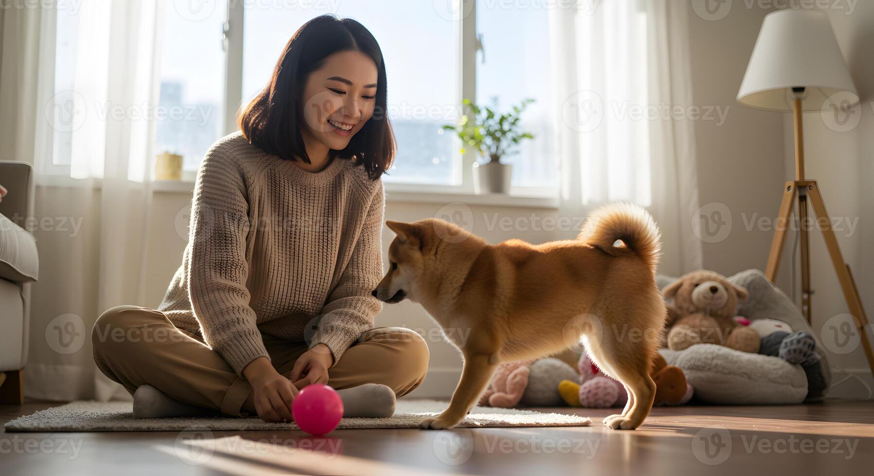 Cheerful asian woman playing with her Shiba Inu dog in a sunlit room, creating a heartwarming and joyful scene of companionship photo