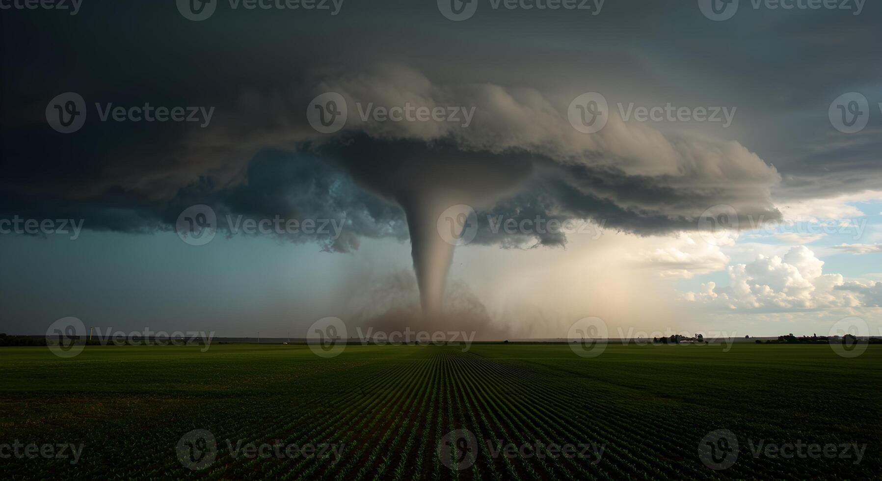 Tornado outbreak on the horizon menacing view over agriculture field photo
