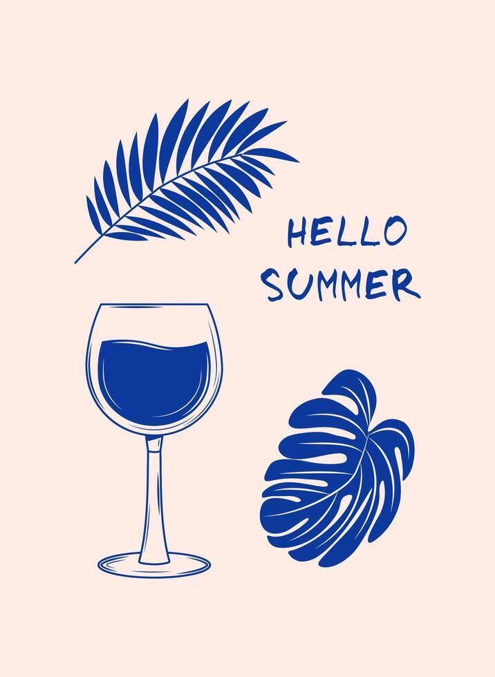 Summer vintage poster. Modern print with palm leaves and wine glass. Hello summer. Minimalist line art. Dolce vita concept. illustration vector