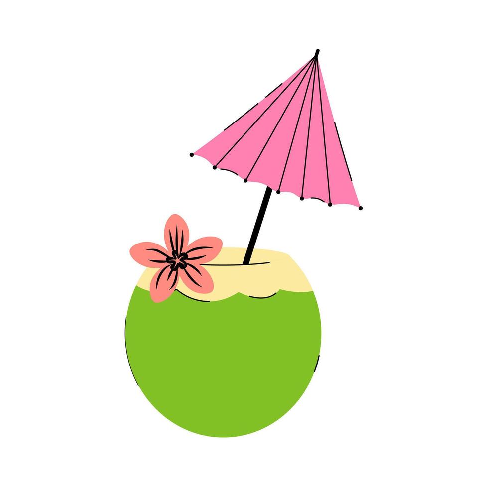 Summer tropical cocktail, beverage coconut. Flat illustration isolated on white background for pub, bar, cafe, restaurant vector