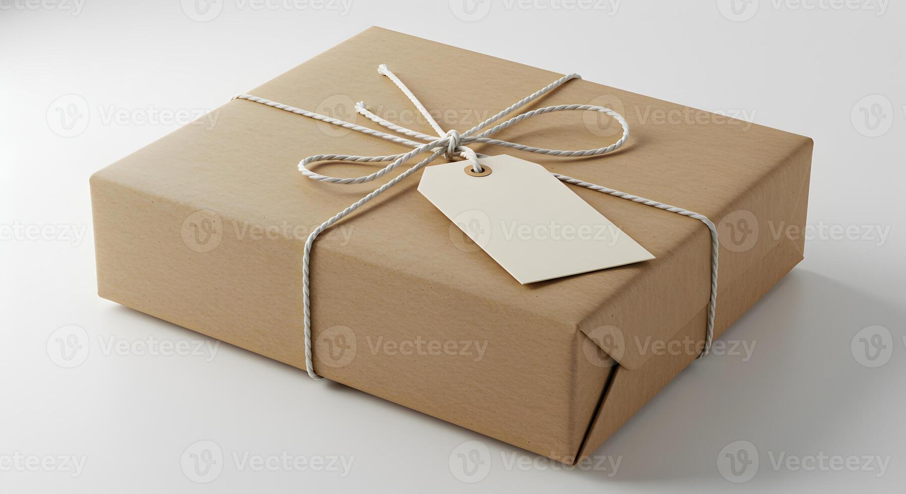 A neatly wrapped gift box tied with string and a blank tag, perfect for personalized messages and celebrations photo