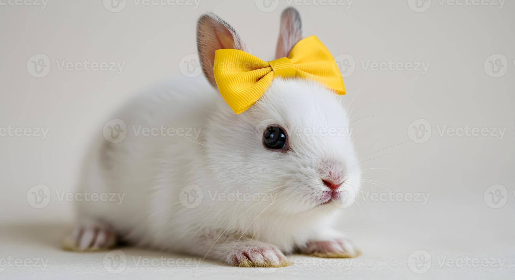 Adorable white bunny with a bright yellow bow tie sitting on a soft background photo