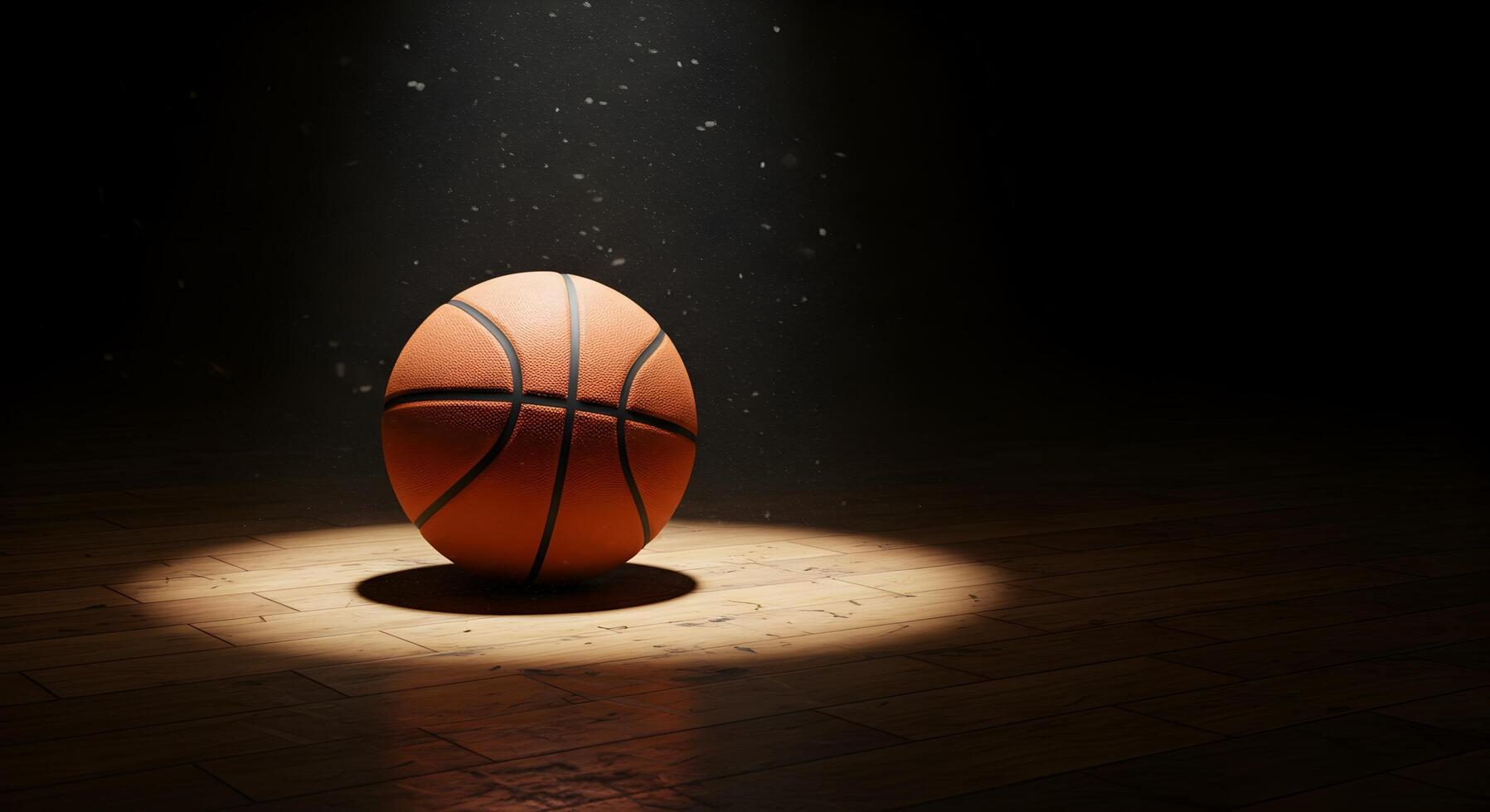 Dramatic Spotlight Illuminating a Basketball on a Wooden Court Surface photo