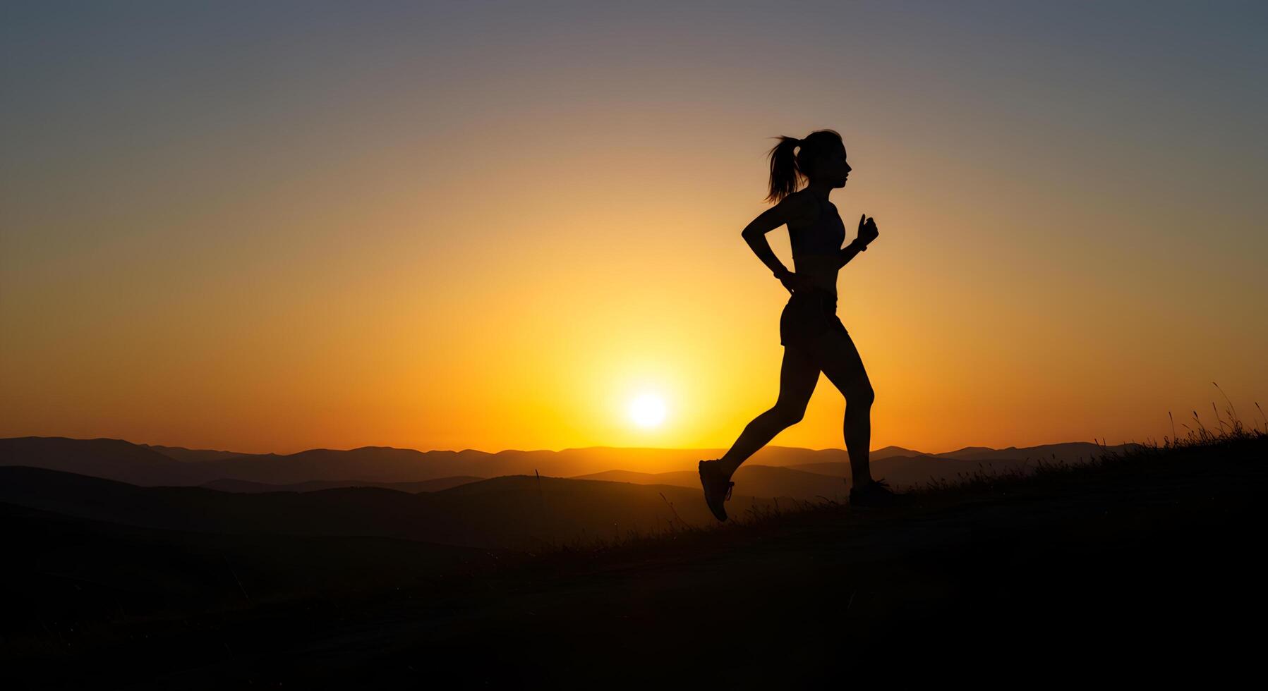 Silhouette of a Woman Running at Sunset for Fitness and Wellness photo