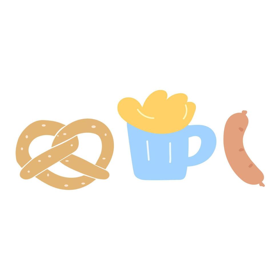 Beer, Pretzel and Sausage. Hand drawn illustration. Food set for menus and stickers vector