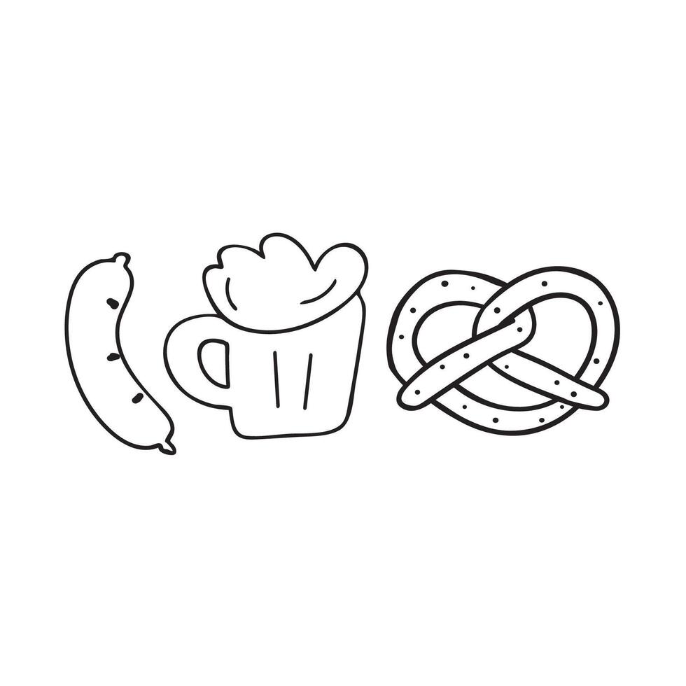 Beer, Pretzel and Sausage. Outline icons. design. Set for menus and stickers. vector