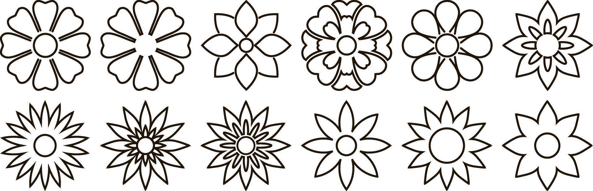 Outline flower set icon isolated Cartoon clipart collection vector