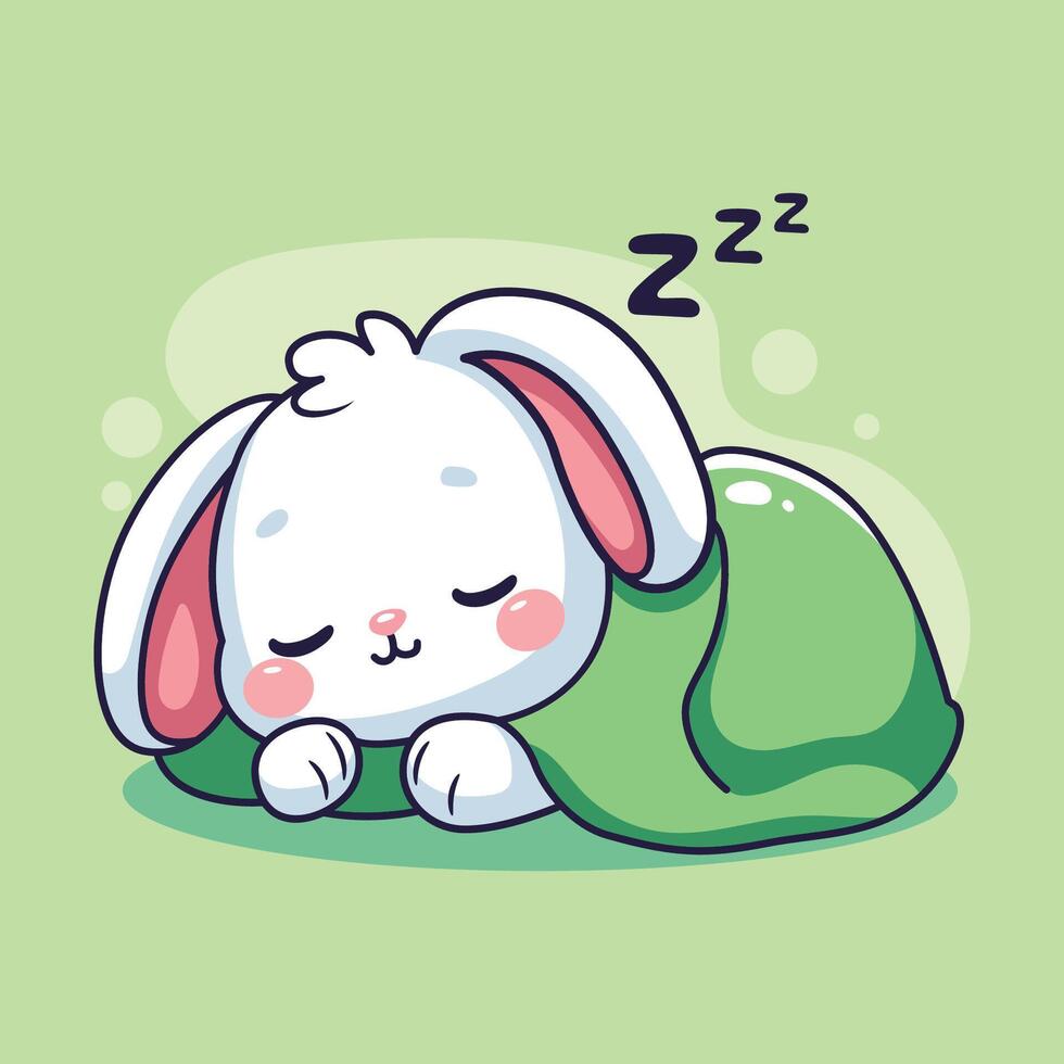 Cute cartoon rabbit sleeping on green pillow. illustration. vector