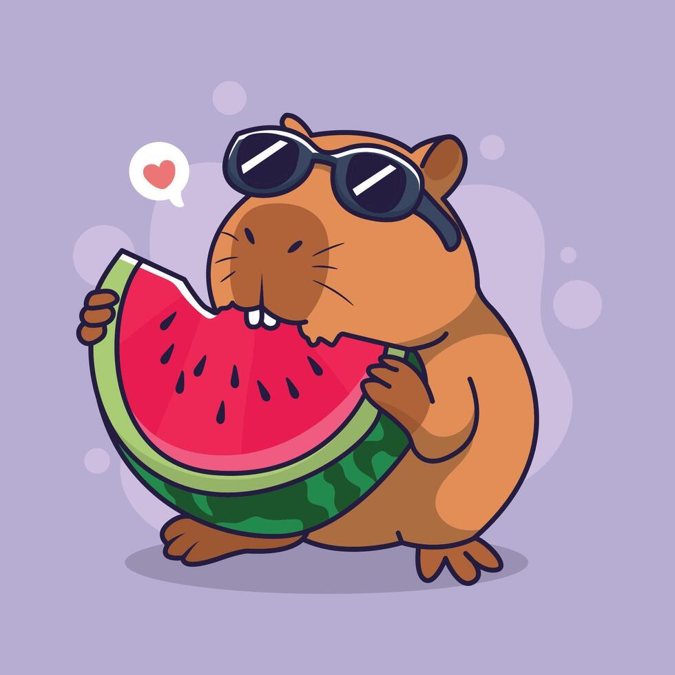 Cute capybara with sunglasses and watermelon. illustration. vector