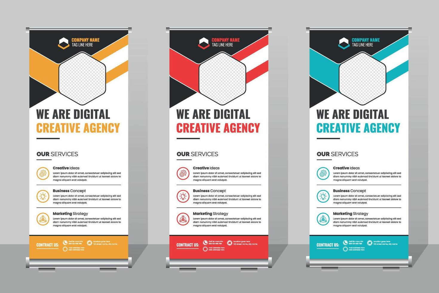 Business roll up banner template,Creative Agency Display Banners Showcasing Services and Branding in Vibrant Colors vector