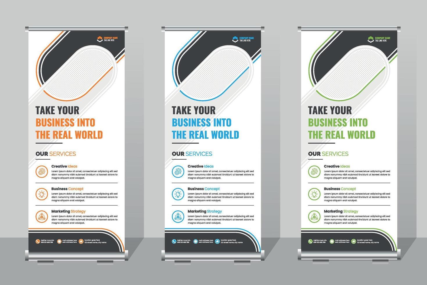 Business roll up banner template, Business Service Banners Showcasing Creative Solutions and Marketing Strategies for Growth vector
