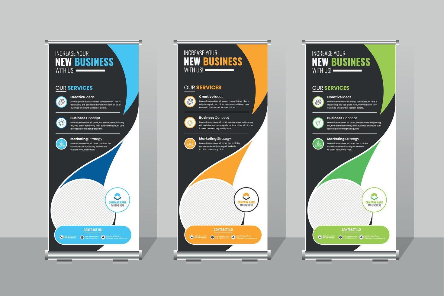 Business roll up banner template,Business Promotion Banners Displaying Various Services and Contact Information for New Ventures vector