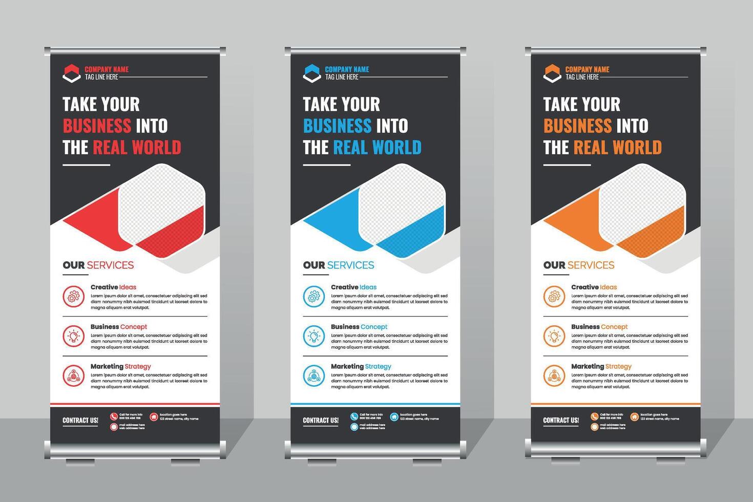 Business roll up banner template,Stand-up Banners Showcasing Business Services at a Corporate Event for Client Engagement vector