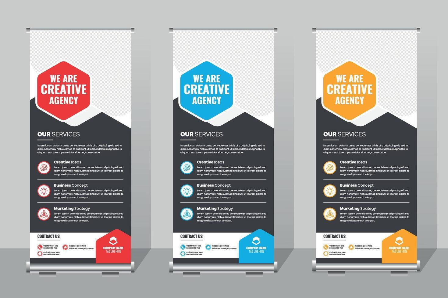 Business roll up banner template,Creative Agency Service Banners Displayed in a Modern Office Setting vector