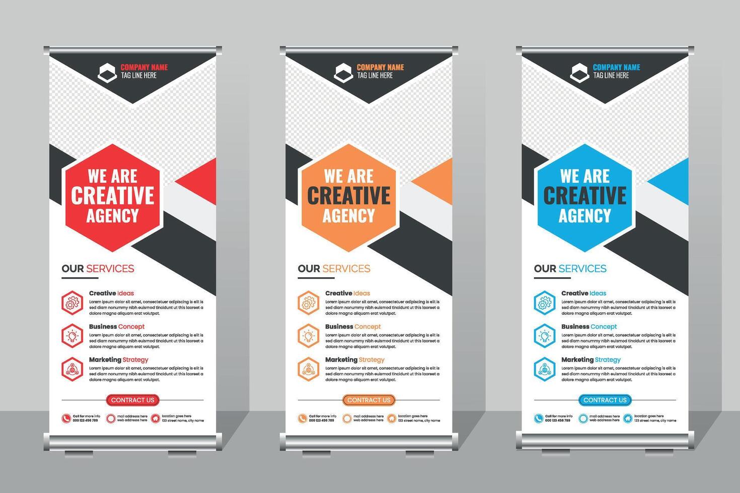 Business roll up banner template,Creative Agency Banners Showcasing Services in a Modern Office Setting vector