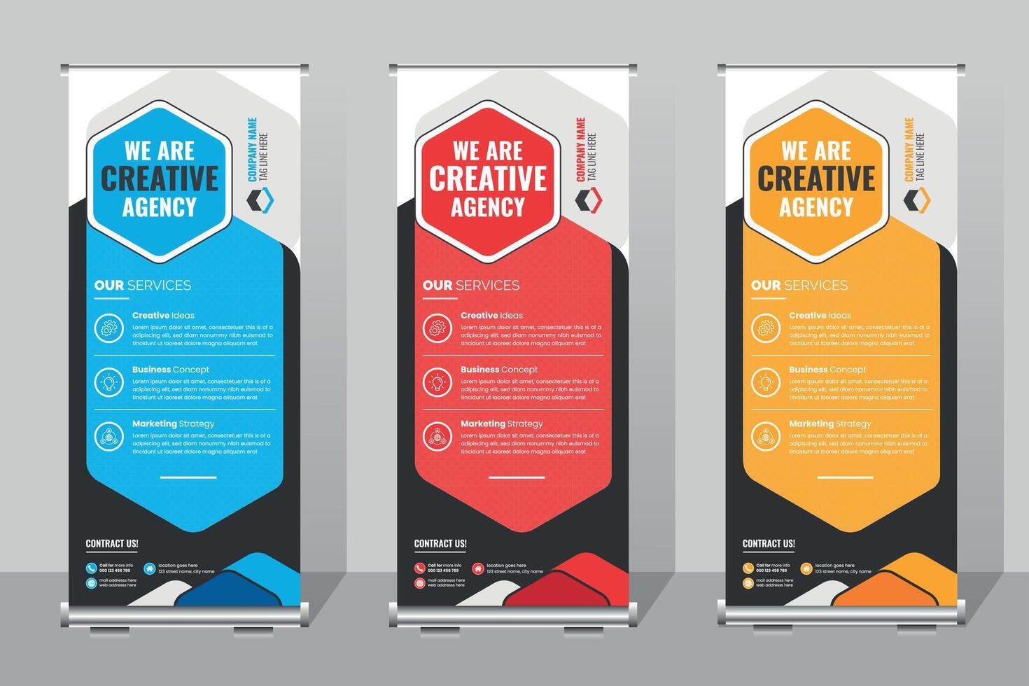 Business roll up banner template,Creative Agency Banners Displayed in a Modern Office Environment Highlighting Services Offered vector
