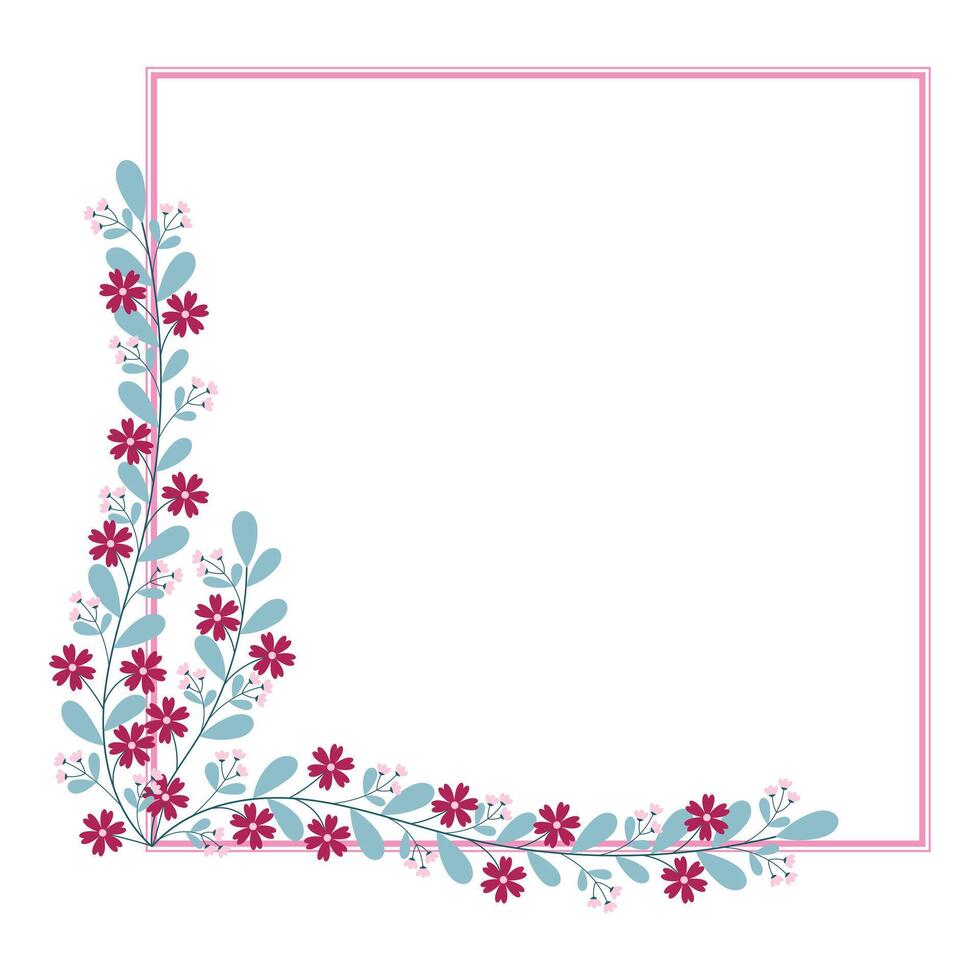 Pink Square Wreath Border Frame Decorated With Green And Red Pink Flowers vector