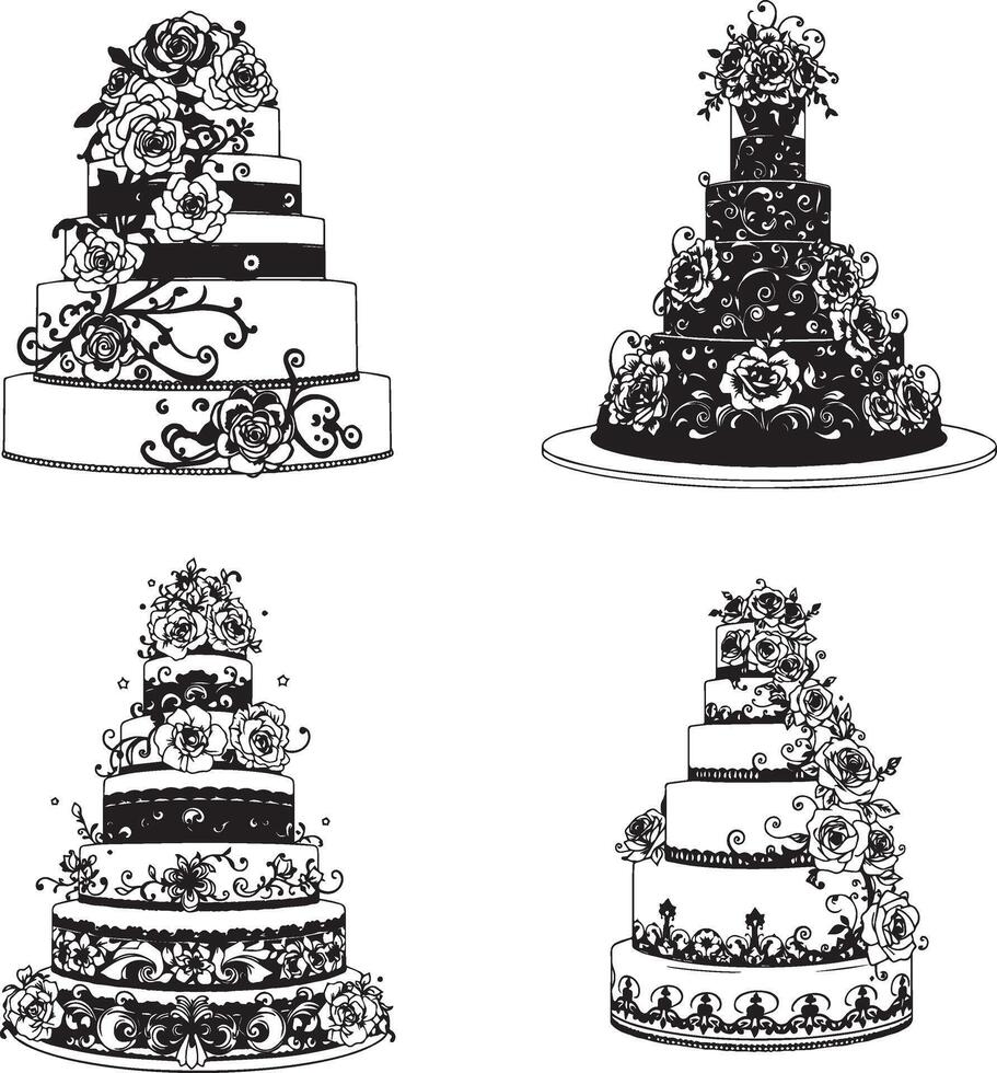 Elegant wedding cake concept in floral monochrome illustration vector