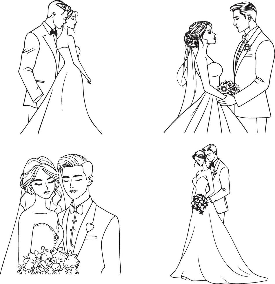 Artistic silhouette of elegant bride and groom wedding scene vector