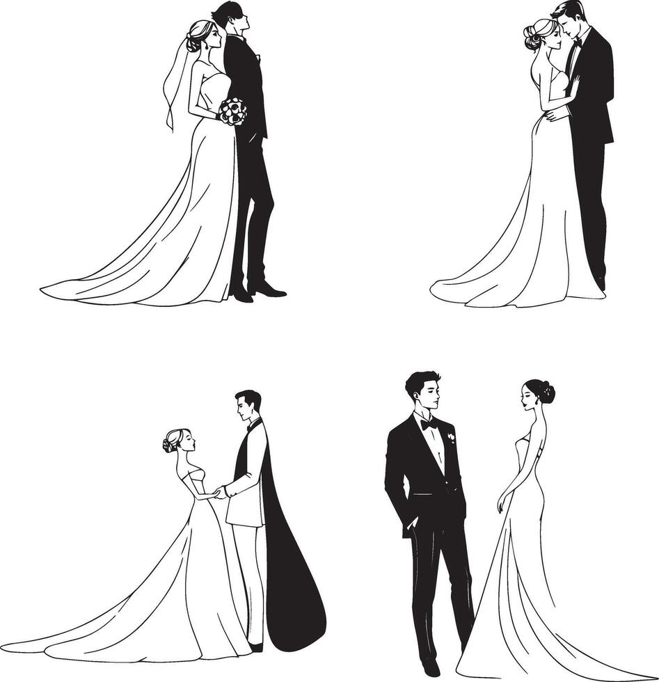Bride and groom in graceful black and white silhouette pose vector