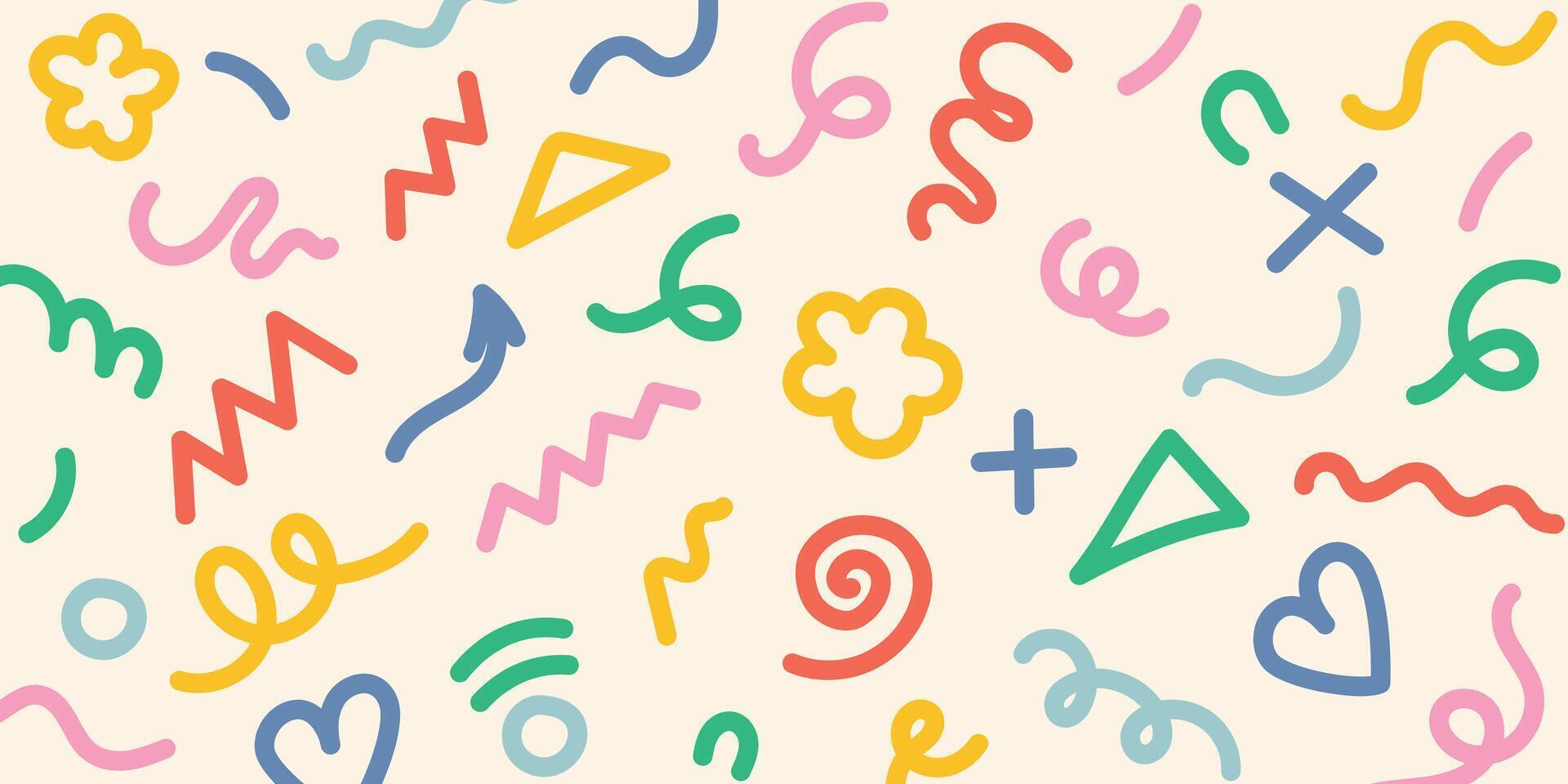 Fun and seamless line scribble pattern. Trendy Memphis geometric pattern. Creative abstract scribble style art background for kids or trendy design with basic shapes. illustration. vector