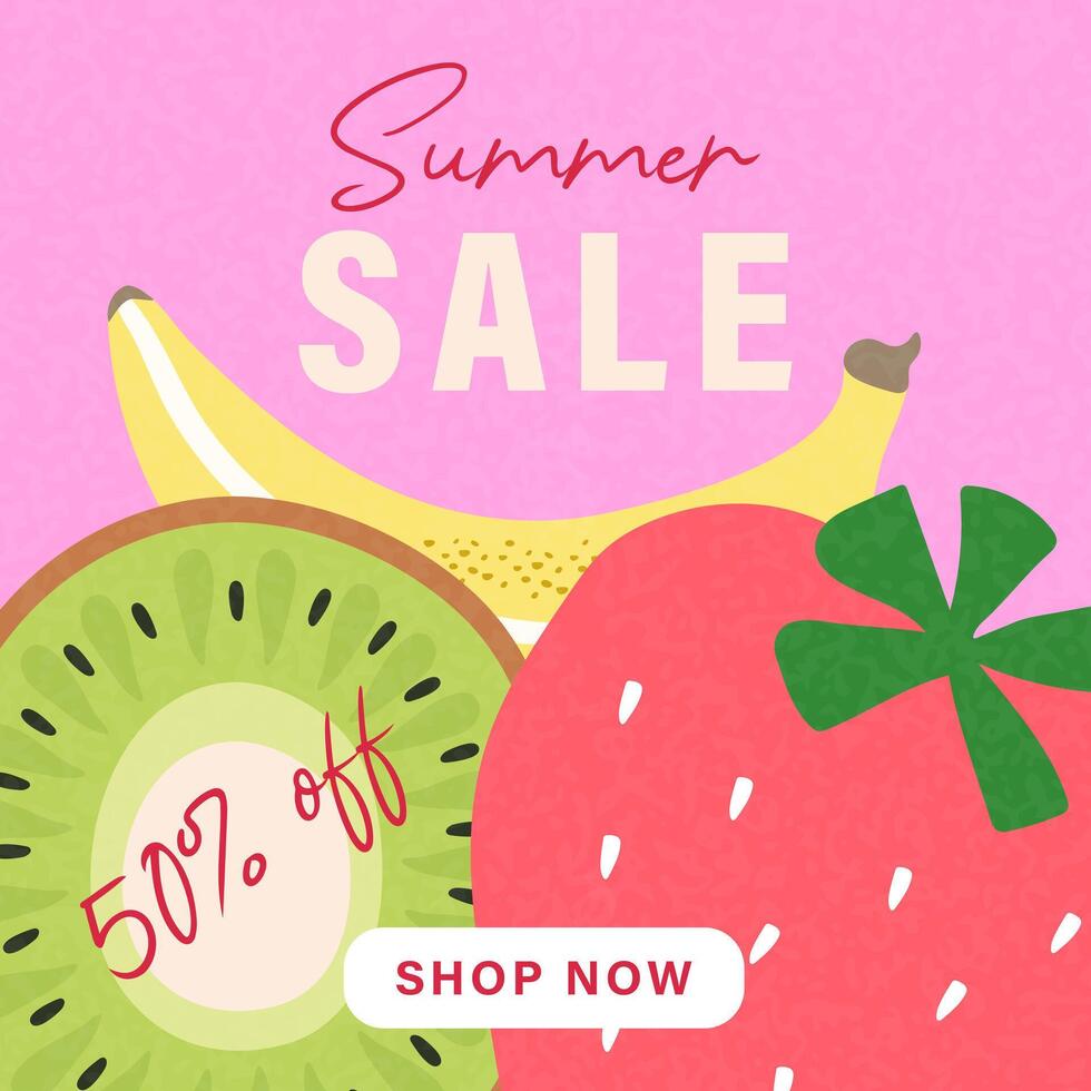 Summer sale banner with juicy fruits and strawberries. vector