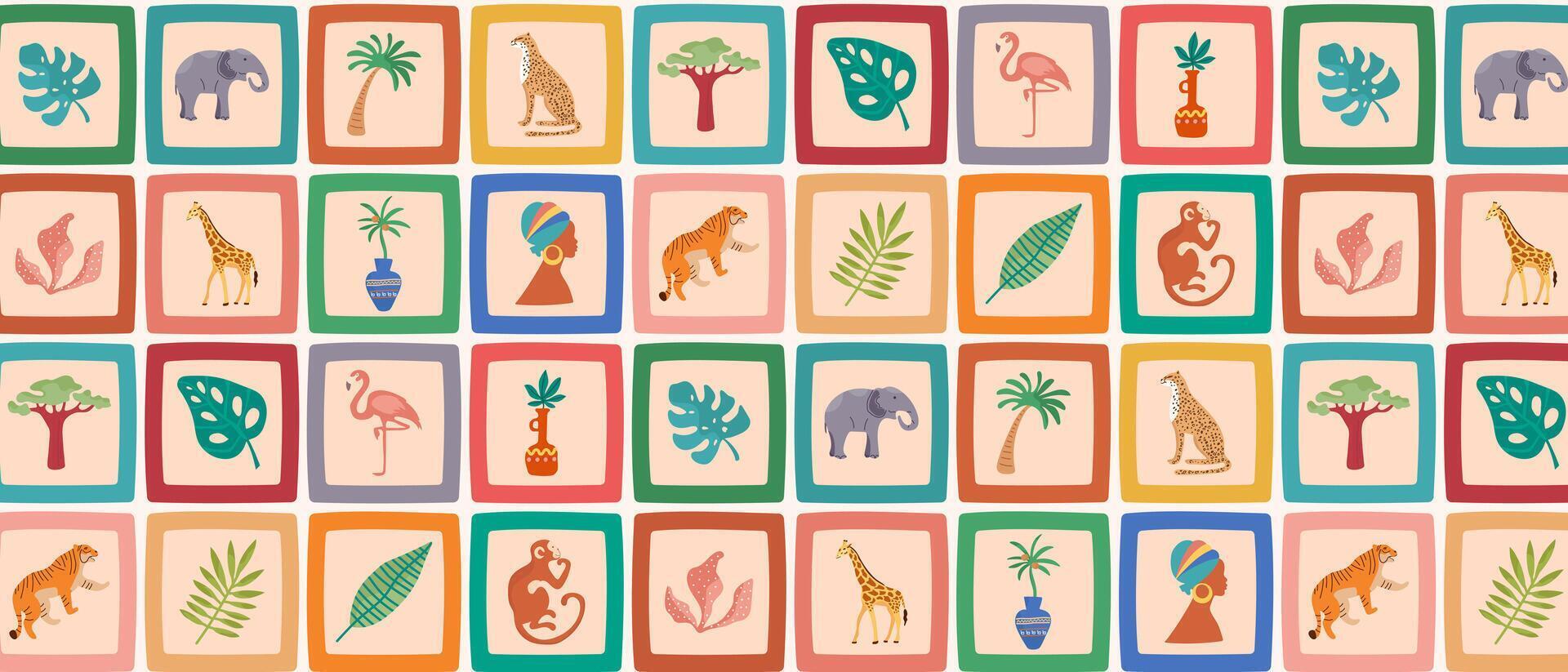 Summer pattern in retro style with tropical animals and plants. vector