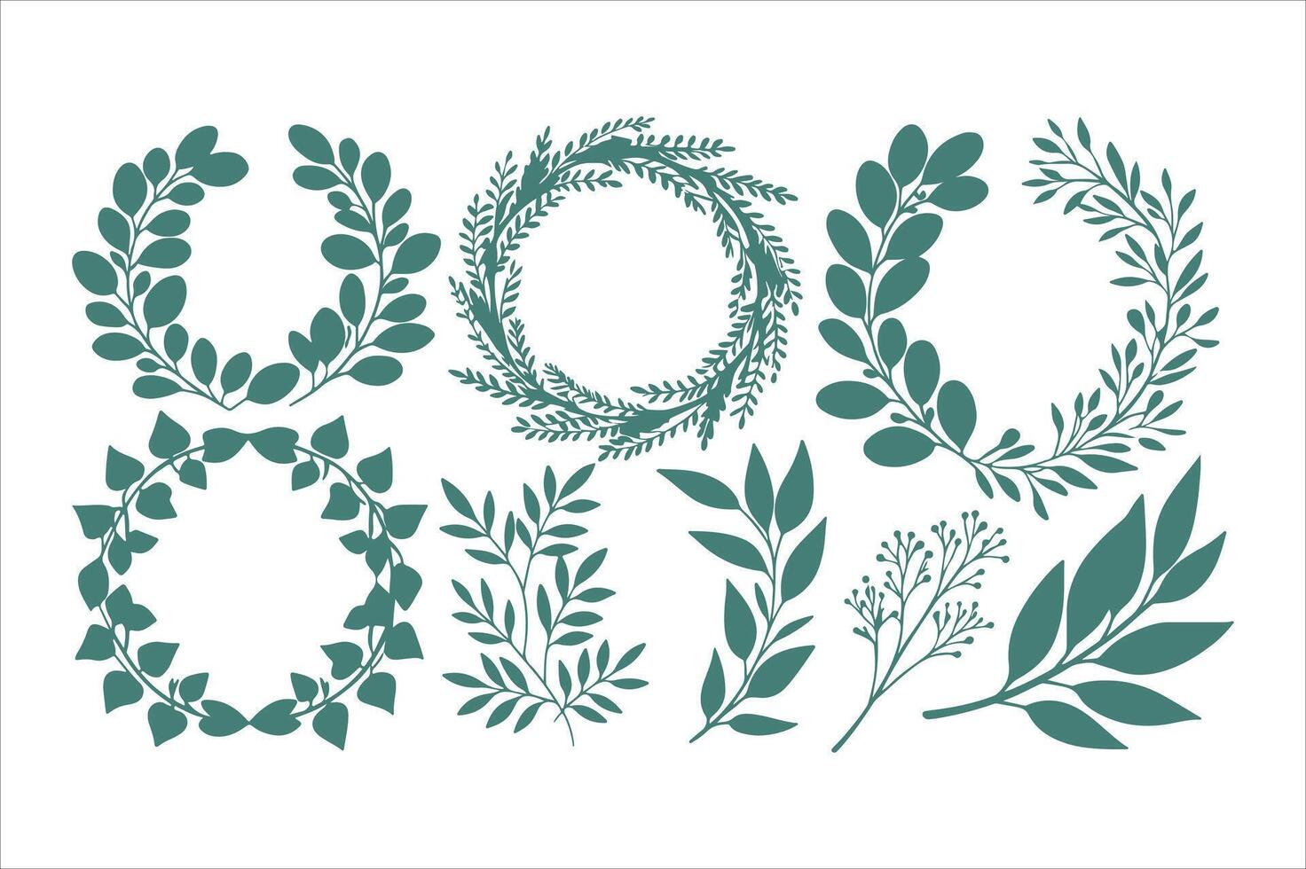 Floral laurel wreath illustration set with seamless leaf and branch patterns vector