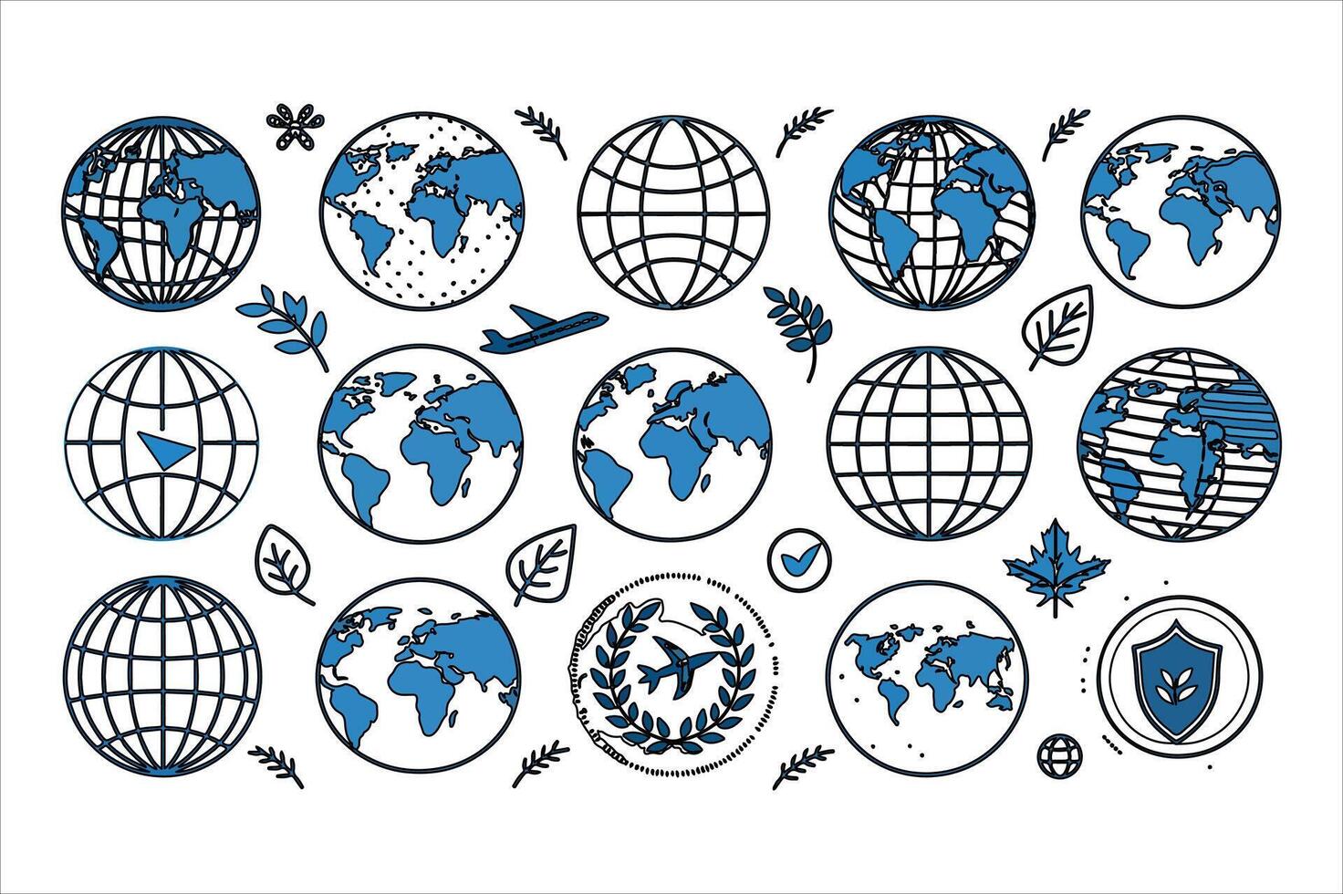 Blue globe icon set presents global earth symbols and map illustrations vector