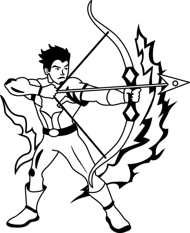 A glyph style illustration of fire archer with bow and arrow vector