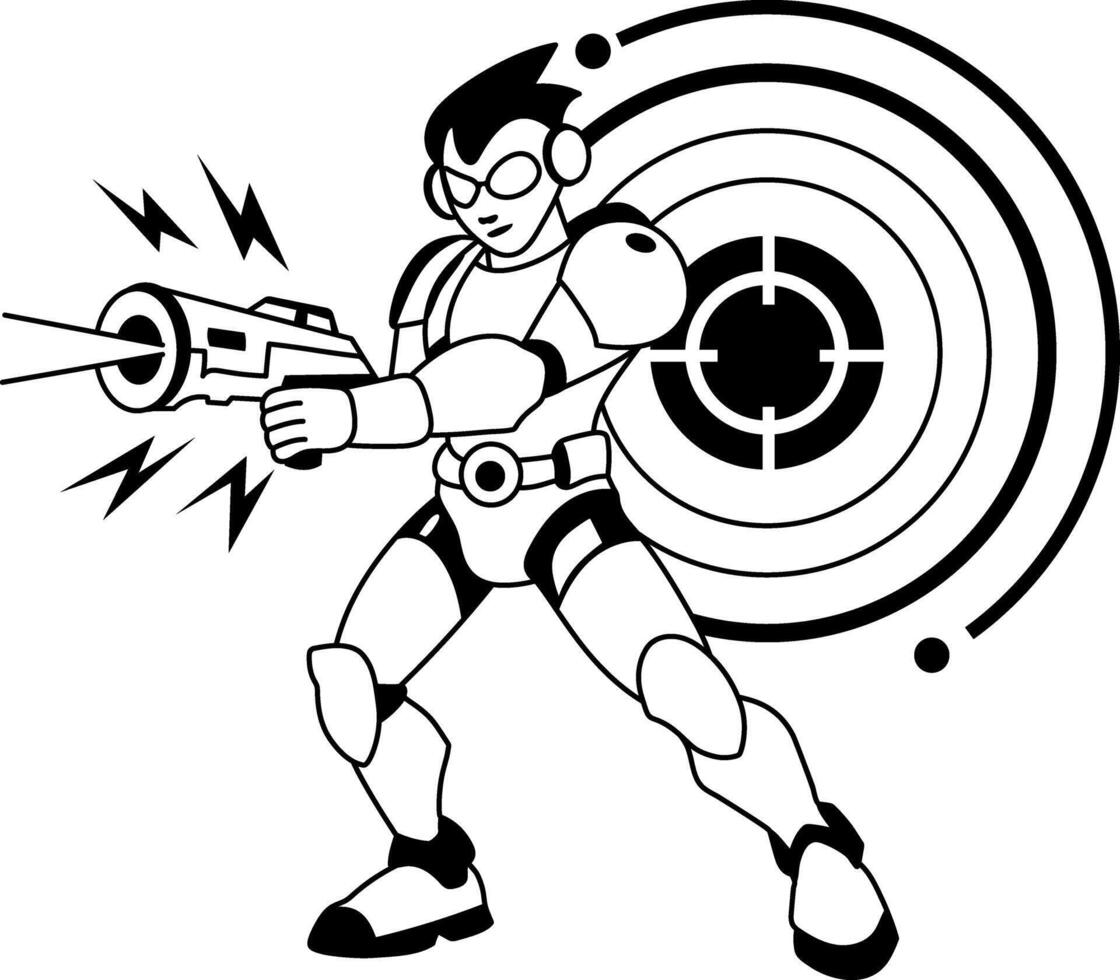 A glyph illustration of a superhero holding energy blaster gun vector