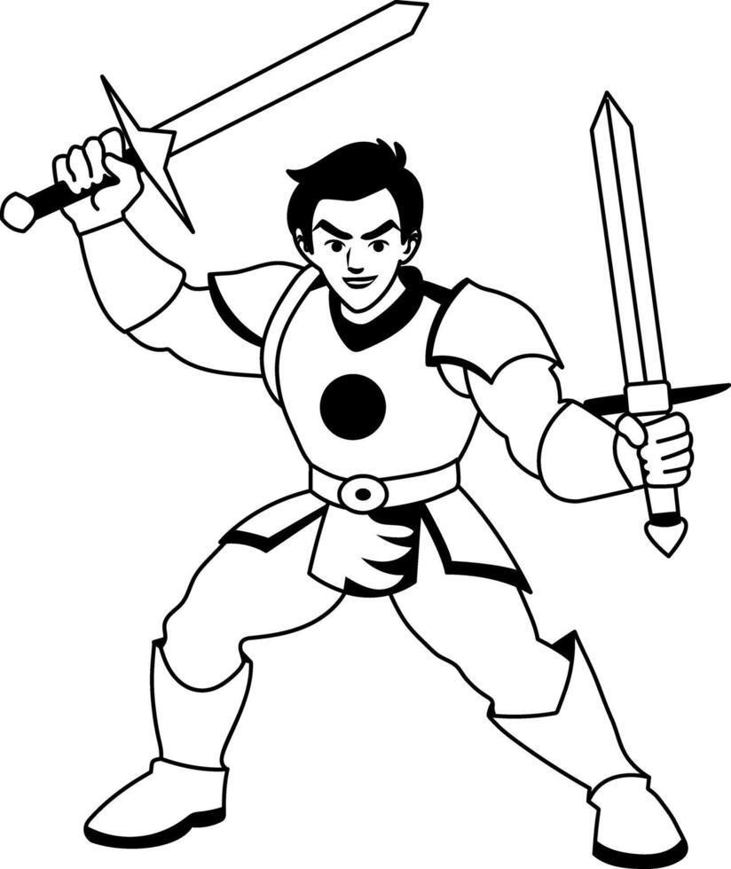 A glyph illustration of a gaming character holding flaming swords vector