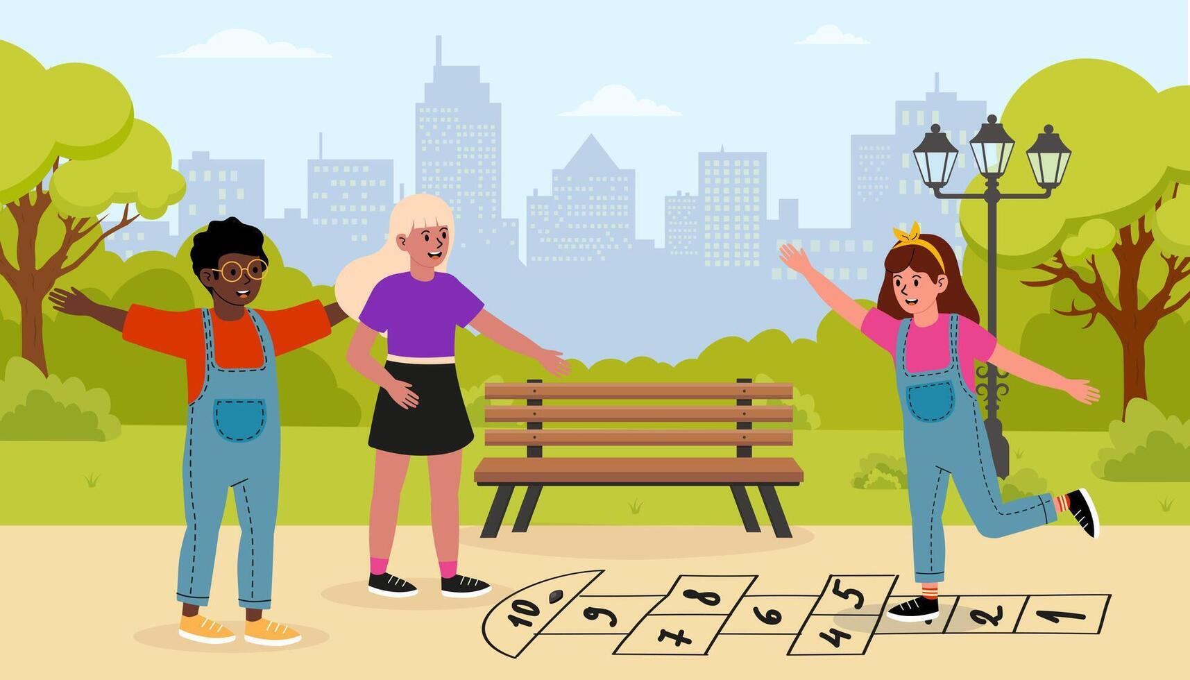 Children playing hopscotch in a city park during a sunny afternoon vector
