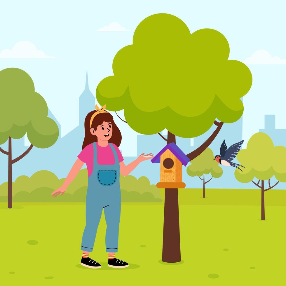 Young girl interacting with a birdhouse under a tree in a city park during daytime vector