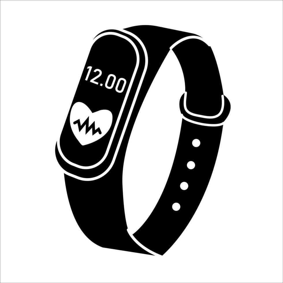 Fitness tracker displays heart rate and time on black wristband in minimalist design vector