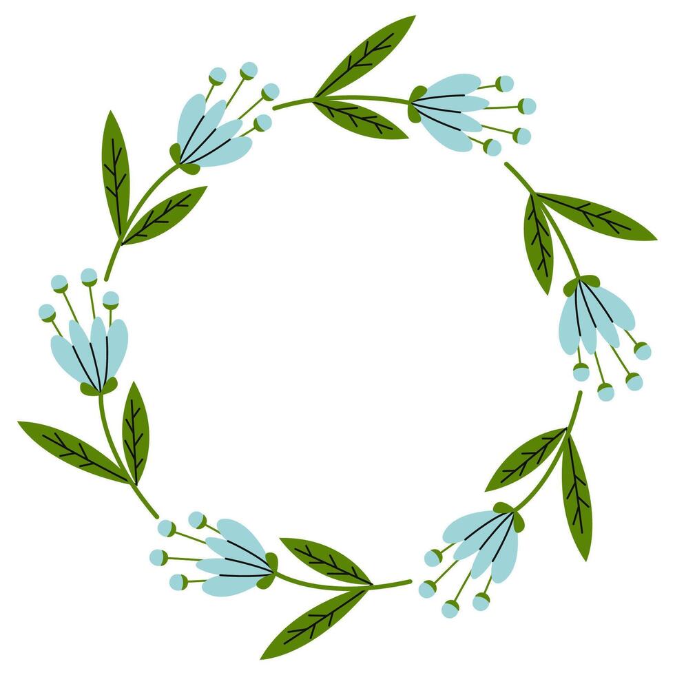 Decorative floral wreath design with blue flowers and green leaves for various occasions vector