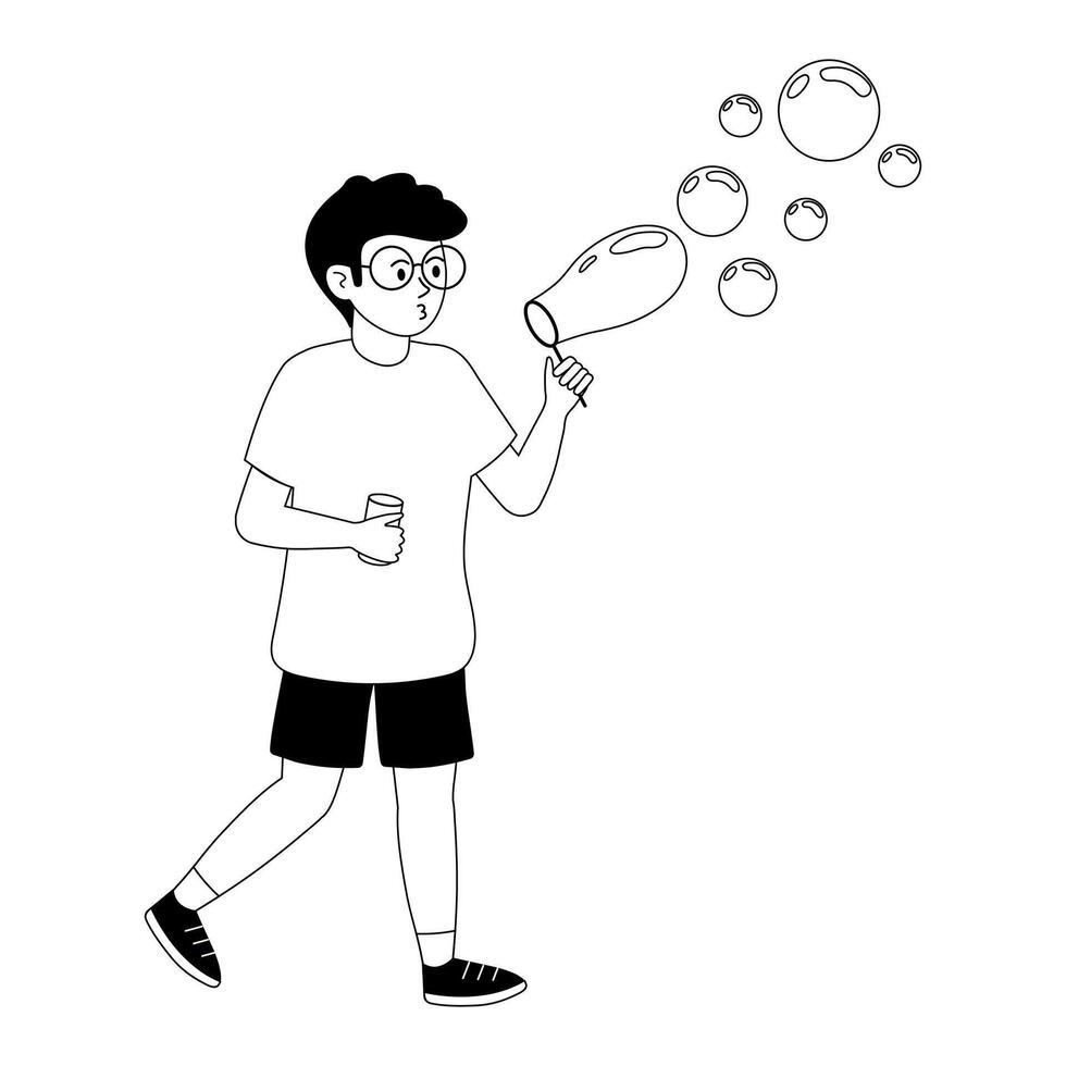 Child blowing bubbles with a bubble wand in a playful outdoor setting during sunny weather vector