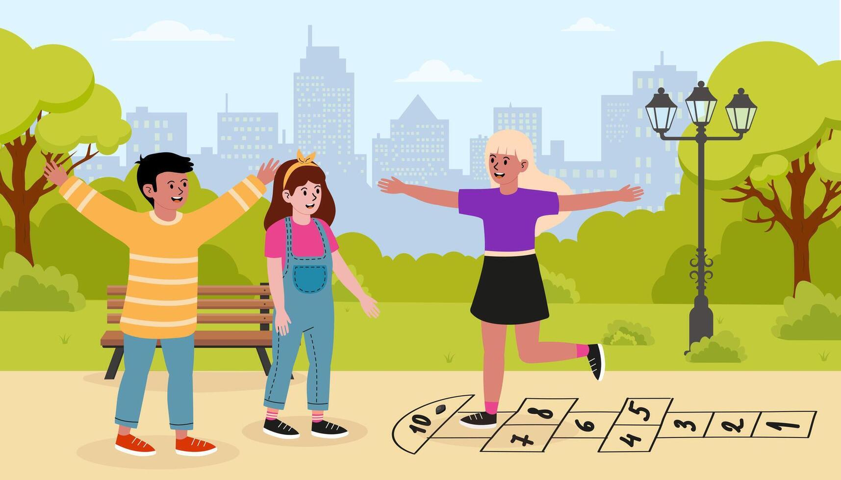 Children playing hopscotch in a city park on a sunny day vector