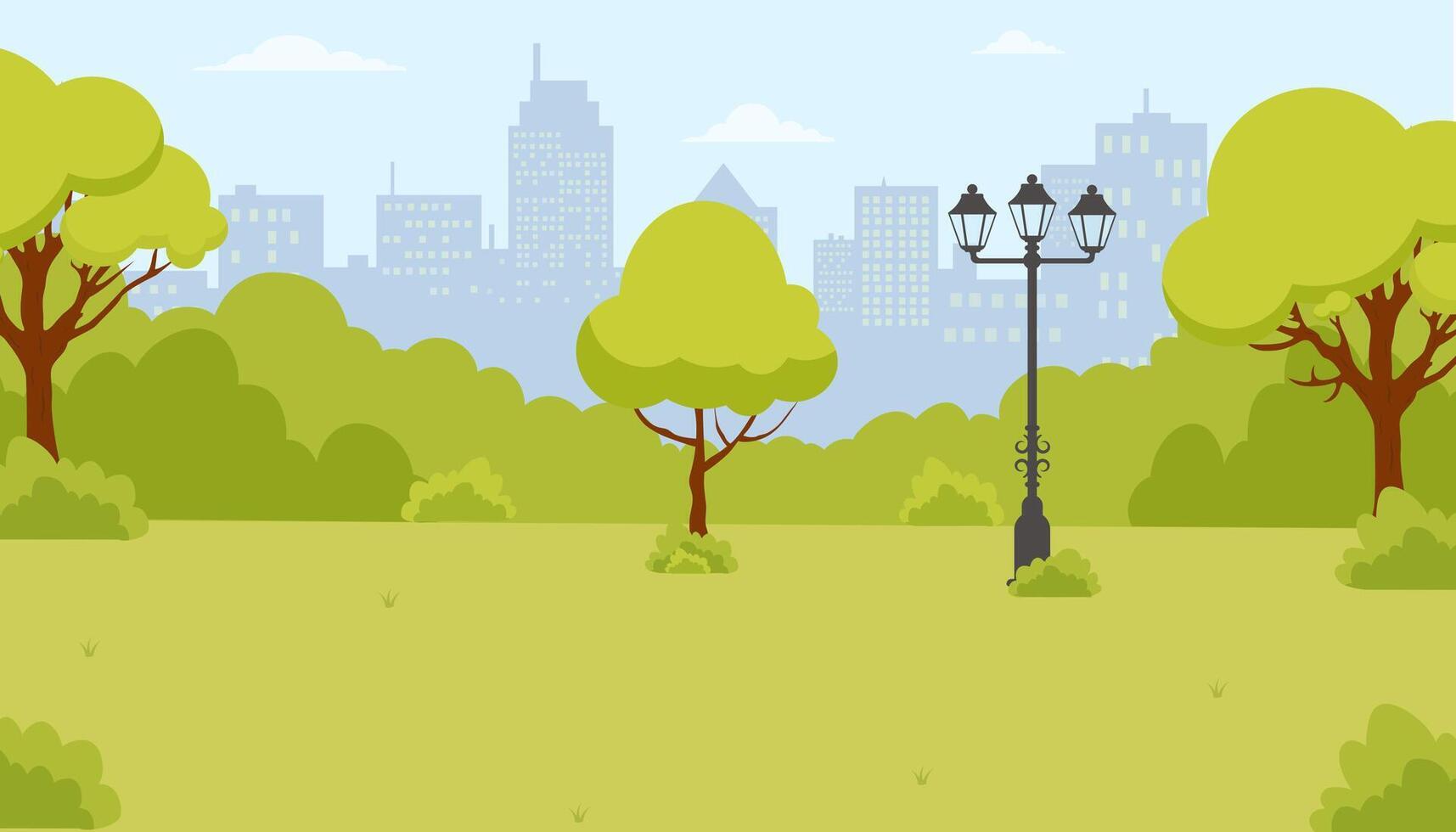 Urban park with lush greenery and city skyline in the background under clear skies vector