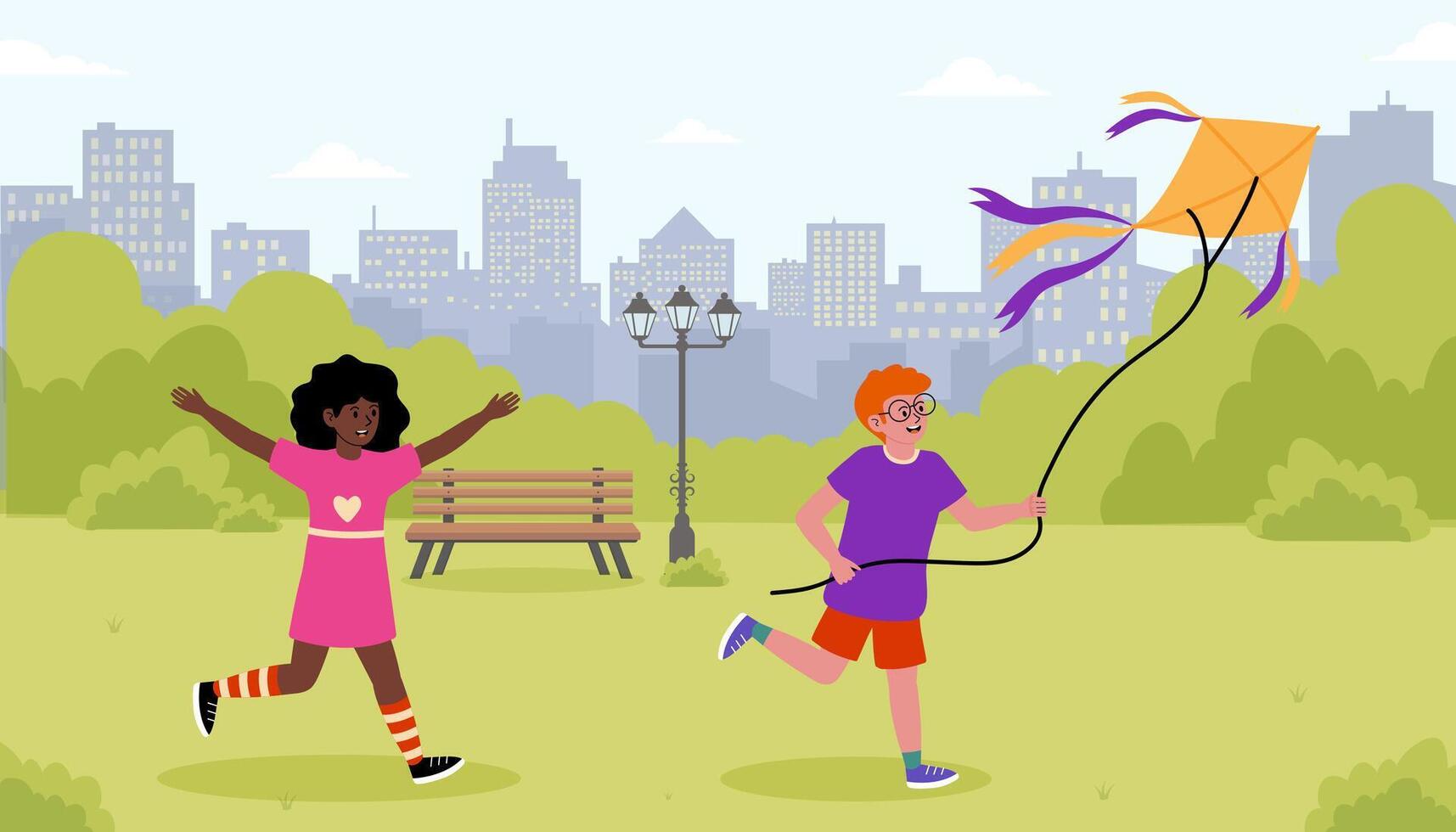 Kids flying a colorful kite in a city park during a sunny day vector