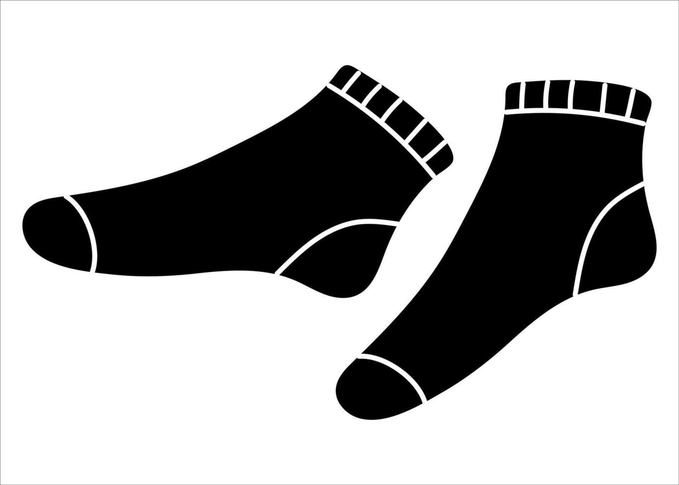 Two black socks with white detailing laid out on a plain background vector